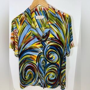 Jams World Women's Shirt Hawaii Whirly Pop Mod Funky Short Sleeve Size L Vtg